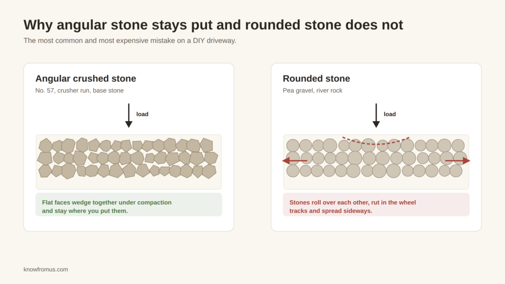 Diagram comparing angular crushed stone that interlocks with rounded stone that shifts under load
